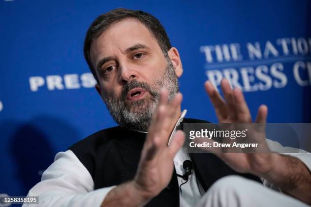 Indian opposition leader Rahul Gandhi speaks at the National Press Club on June 1, 2023 in Washington, DC. Gandhi is on weeklong trip to the United...