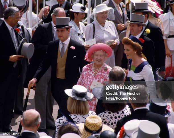 Prince Andrew , Queen Elizabeth The Queen Mother and Sarah Ferguson, fiancee of the Prince at Royal Ascot on 18th June 1986.