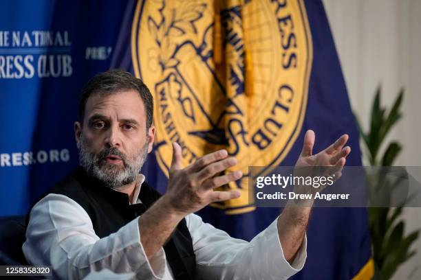 Indian opposition leader Rahul Gandhi speaks at the National Press Club on June 1, 2023 in Washington, DC. Gandhi is on weeklong trip to the United...