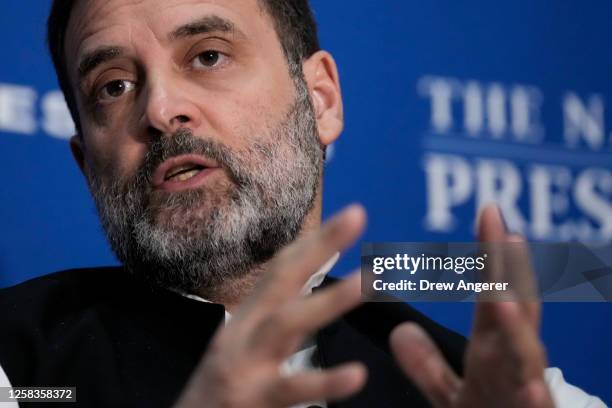 Indian opposition leader Rahul Gandhi speaks at the National Press Club on June 1, 2023 in Washington, DC. Gandhi is on weeklong trip to the United...