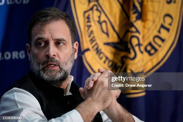 Indian opposition leader Rahul Gandhi speaks at the National Press Club on June 1, 2023 in Washington, DC. Gandhi is on weeklong trip to the United...