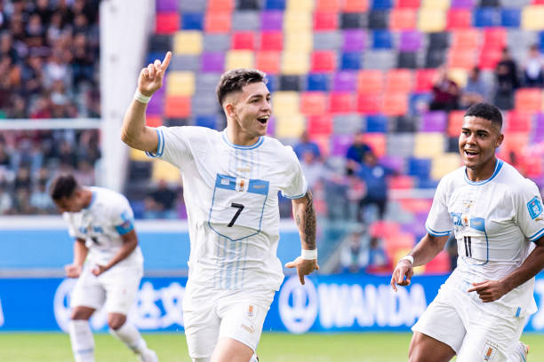 Anderson Duarte of Uruguay celebrates his goal during FIFA U-20 World Cup Argentina 2023 Round of 16 match between Gambia and Uruguay at Estadio...