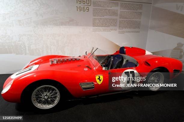 This photograph taken in Le Mans, western France, on May 29 shows the Ferrari 250 TestaRossa, Winner of the 1960 24 Hours of Le Mans, during the...