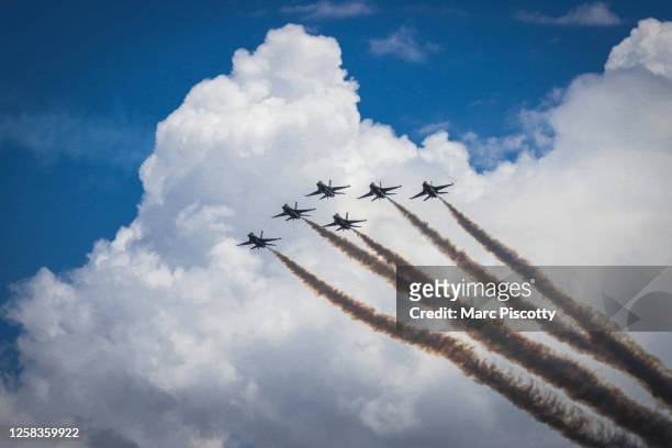 The U.S. Air Force Thunderbirds perform after the Air Force Academy graduation in the skies above Falcon Stadium on June 1, 2023 on the U.S. Air...