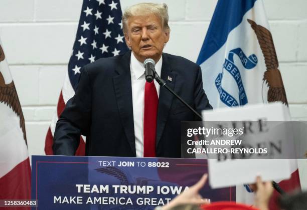 Former US President and 2024 Presidential hopeful Donald Trump speaks during a Team Trump Volunteer Leadership Training at the Grimes Community...