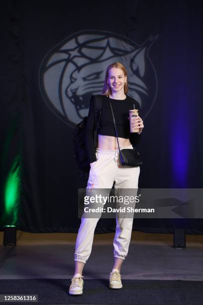 Dorka Juhász of the Minnesota Lynx arrives to the arena before the game against the Connecticut Sun on June 1, 2023 at Target Center in Minneapolis,...