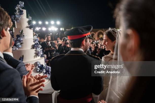 King Abdullah II of Jordan and Queen Ranya give a reception at the Huseyniye Palace in Amman, Jordan for the wedding of Crown Prince Hussein on June...