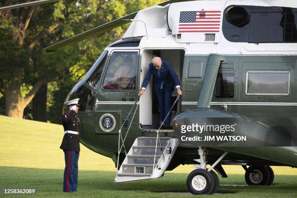 President Joe Biden disembarks Marine One on the South Lawn of the White House in Washington, DC, on June 1 as he returns from Colorado Springs.