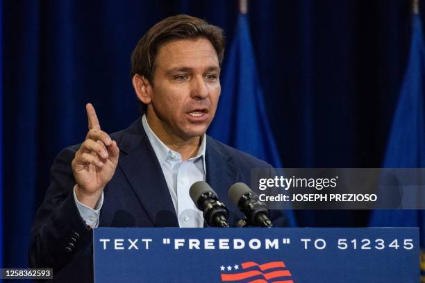 Florida Governor and 2024 hopeful Ron DeSantis speaks during a campaign stop at Manchester Community College in Manchester, New Hampshire, on June 1,...