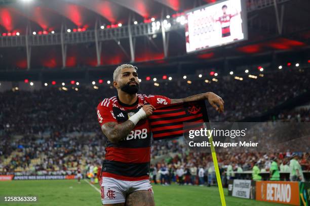 Gabriel Barbosa of Flamengo celebrates after scoring the second goal of his team during the Copa do Brasil 2023 round of 16 second leg match between...