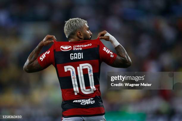 Gabriel Barbosa of Flamengo celebrates after scoring the second goal of his team during the Copa do Brasil 2023 round of 16 second leg match between...