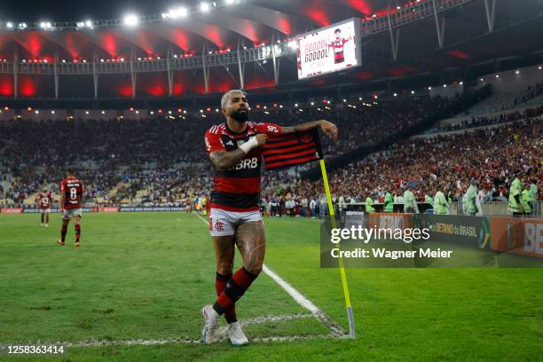 Gabriel Barbosa of Flamengo celebrates after scoring the second goal of his team during the Copa do Brasil 2023 round of 16 second leg match between...