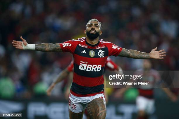 Gabriel Barbosa of Flamengo celebrates after scoring the second goal of his team during the Copa do Brasil 2023 round of 16 second leg match between...