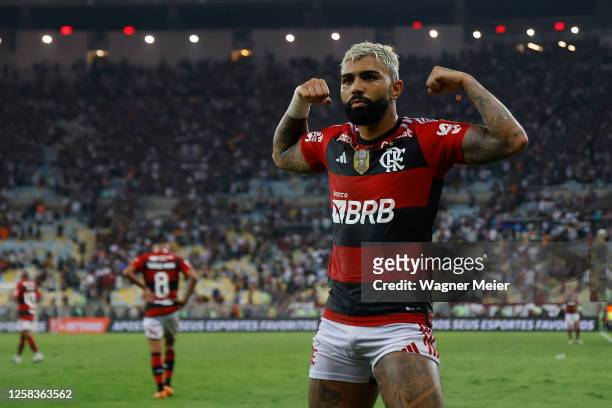 Gabriel Barbosa of Flamengo celebrates after scoring the second goal of his team during the Copa do Brasil 2023 round of 16 second leg match between...