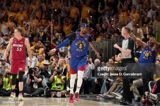 Kentavious Caldwell-Pope of the Denver Nuggets celebrates a play during Game One of the 2023 NBA Finals against the Miami Heat on June 1, 2023 at the...