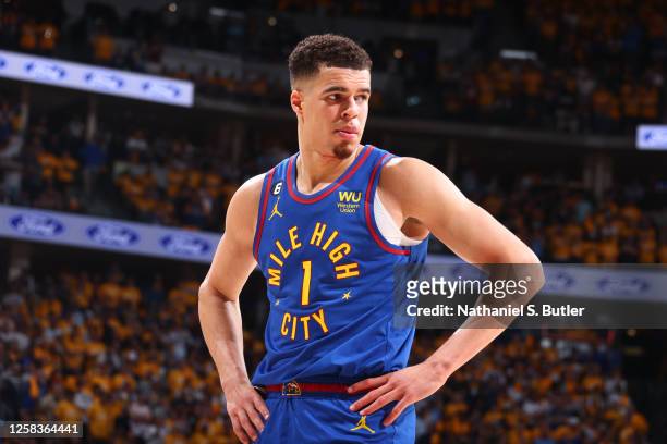 Michael Porter Jr. #1 of the Denver Nuggets looks on during Game One of the 2023 NBA Finals against the Miami Heat on June 1, 2023 at the Ball Arena...