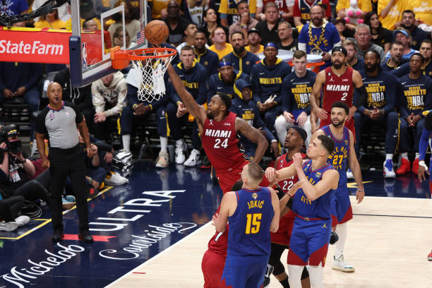 Haywood Highsmith of the Miami Heat drives to the basket during the game against the Denver Nuggets during Game One of the 2023 NBA Finals on June 1,...