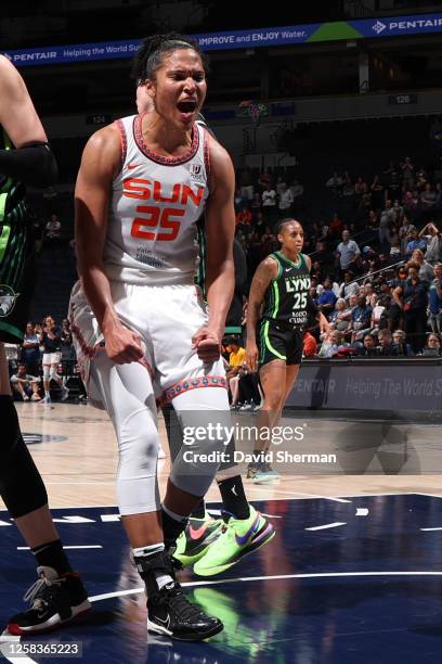 Alyssa Thomas of the Connecticut Sun celebrates a play during the game against the Minnesota Lynx on June 1, 2023 at Target Center in Minneapolis,...