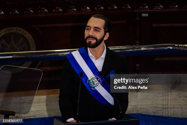 Salvadoran President Nayib Bukele gestures during a report to the nation for the 4th year of the current presidential administration in the plenary...