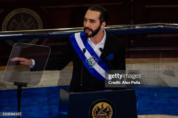 Salvadoran President Nayib Bukele speaks during a report to the nation for the 4th year of the current presidential administration in the plenary...