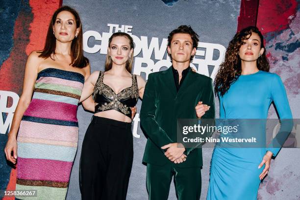Alexandra Milchan, Amanda Seyfried, Tom Holland and Emmy Rossum at the premiere of "The Crowded Room" held at the Museum of Modern Art on June 1,...