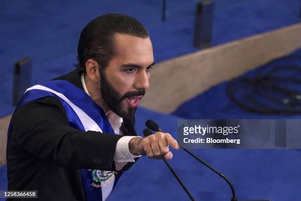 Nayib Bukele, El Salvador's president, delivers a state of the union address at the National Palace in San Salvador, El Salvador, on Thursday, June...