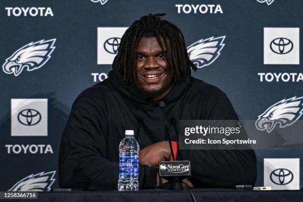 Philadelphia Eagles defensive tackle Jordan Davis speaks at a press conference during Philadelphia Eagles OTA's at Novacare Complex in Philadelphia,...