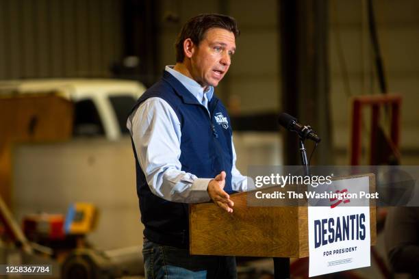 Florida governor Ron DeSantis speaks on the second stop on his "Our Great American Comeback" tour at Port Neal Welding in Sioux City, Iowa Wednesday,...