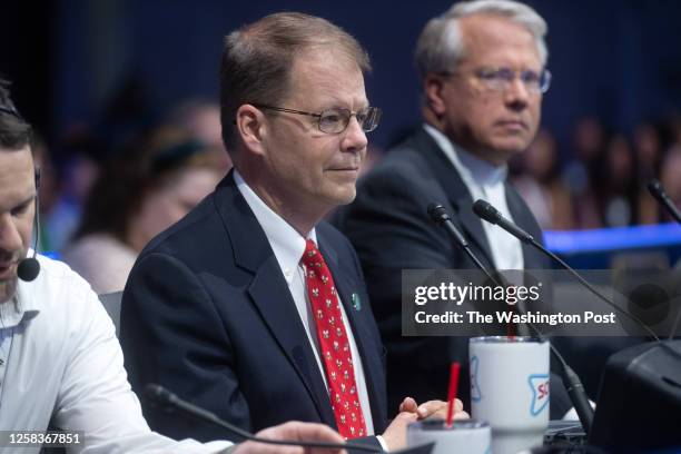 Pronouncers Dr. Jacques Baily and Dr. Brian Sietsema during the finals of the Scripps National Spelling Bee at the Gaylord National Resort &...