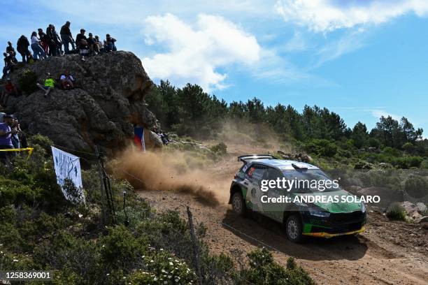 Britain's Gus Greensmith and Sweden's Jonas Andersson steer their Skoda Fabia RS near Olbia on June 2, 2023 as part of the SS2 section of the Rally...
