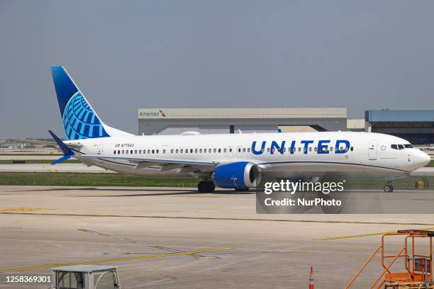 United Airlines Boeing 737 MAX 9 passenger aircraft as seen taxiing at Chicago International Airport O'Hare ORD preparing for a departure flight. The...