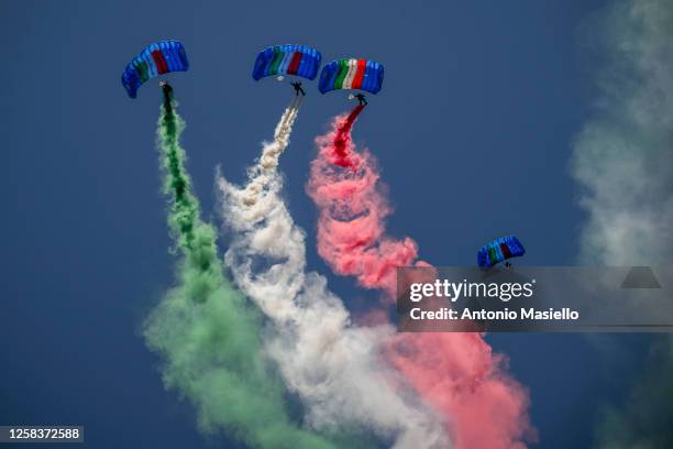 Italian army paratroopers spread smoke with the colors of the Italian flag during the military parade to celebrate the 77th anniversary of the...