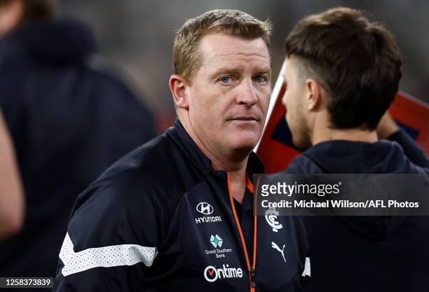 Michael Voss, Senior Coach of the Blues looks on during the 2023 AFL Round 12 match between the Melbourne Demons and the Carlton Blues at the...