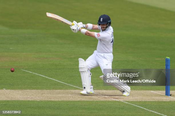 Liam Duckett of England drives the ball during the LV=Insurance Test Match: Day Two between England and Ireland at Lord's Cricket Ground on June 2,...