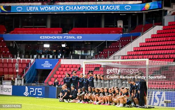 The FC Barcelona squad and staff pose for a photo during a FC Barcelona Training Session before the UEFA Women's Champions League Final 2022/23 final...