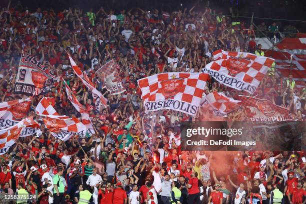 Persepolis Fans during the Hazfi Cup match between Persepolis FC and Esteghlal FC on May 31, 2023 in Tehran, Iran.