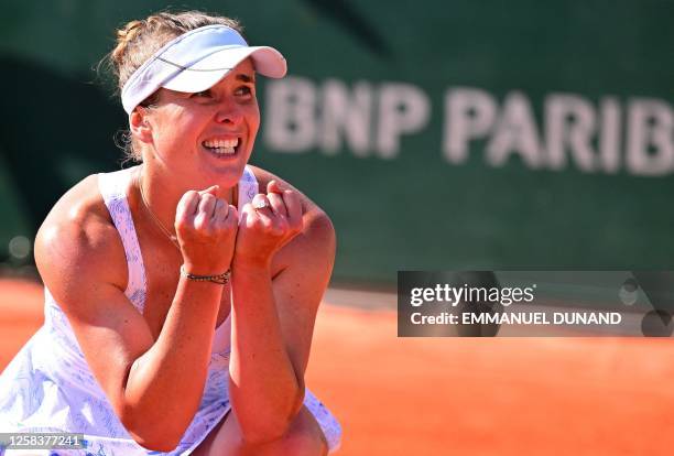 Ukraine's Elina Svitolina celebrates after winning against Russia's Anna Blinkova at the end of their women's singles match on day six of the...