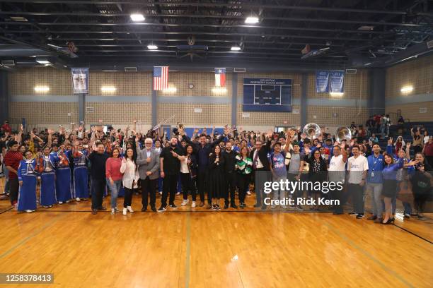 El Fantasma and Francisco "Paco" Fuentes pose with students and faculty at the Latin GRAMMY In The Schools educational program at Sidney Lanier High...