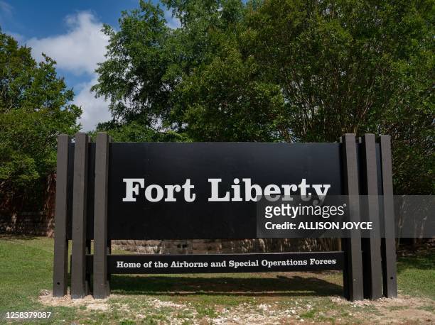 Sign after a ceremony renaming Fort Bragg as Fort Liberty, near Fayetteville, North Carolina, on June 2, 2023. Calls to rename nine military bases,...