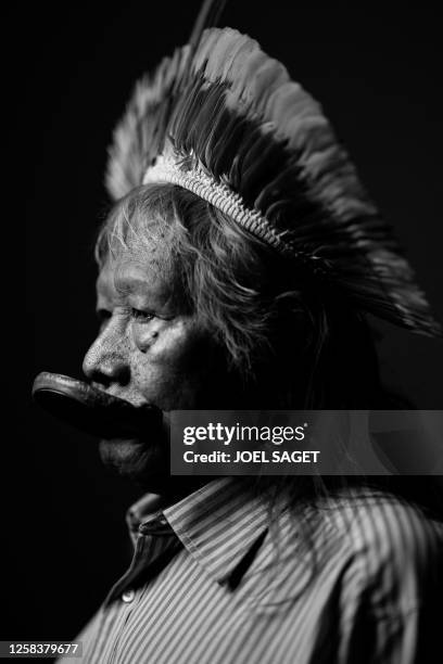 Indigenous leader Cacique Raoni Metuktire of the Kayapo tribe poses during a photo session in Paris, on June 1, 2023.