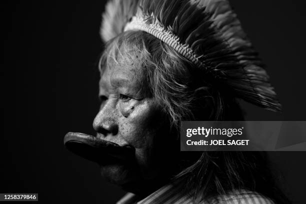 Indigenous leader Cacique Raoni Metuktire of the Kayapo tribe poses during a photo session in Paris, on June 1, 2023.