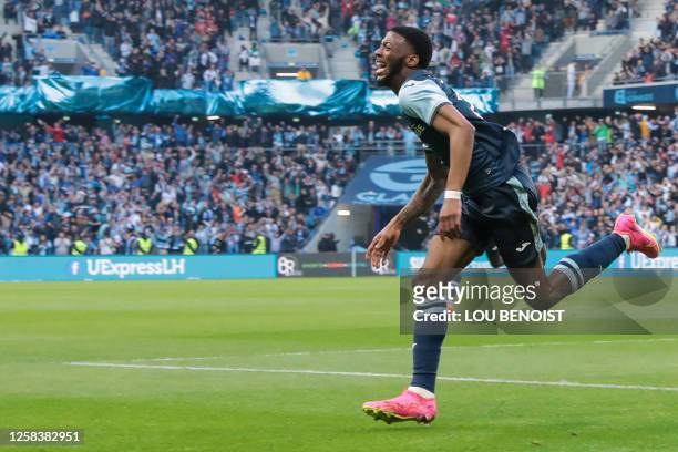Le Havre's French forward Josue Casimir celebrates after scoring a goal during the French L2 football match between Le Havre AC and Dijon FCO at the...