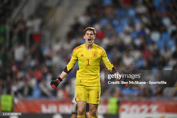 Germany goalkeeper Max Schmitt reacts after saving a penalty during the penalty shoot-out of the UEFA European Under-17 Championship 2023 Final match...