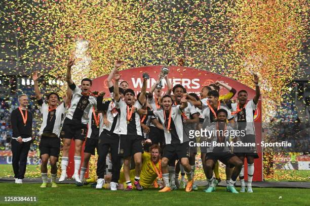 Germany players celebrate after the UEFA European Under-17 Championship 2023 Final match between Germany and France in the Hidegkuti Nándor Stadiom...