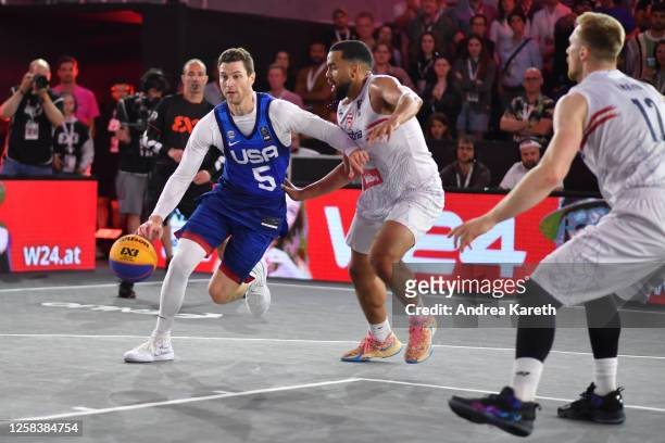 Jimmer Fredette of the USA vies with Nico Kaltenbrunner of Austria during the mens pool play match between A5ustria and the USA on Day 4 of the FIBA...