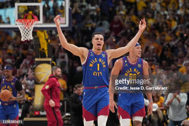 Michael Porter Jr. #1 of the Denver Nuggets celebrates during Game One of the 2023 NBA Finals on June 1, 2023 at the Ball Arena in Denver, Colorado....