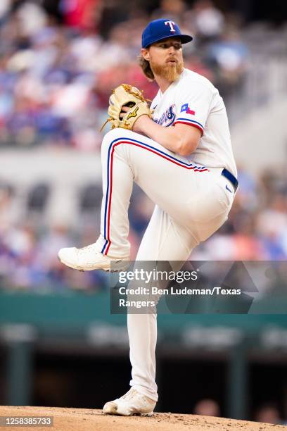 Jon Gray of the Texas Rangers delivers a pitch during a game against the Arizona Diamondbacks at Globe Life Field on May 02, 2023 in Arlington, Texas.