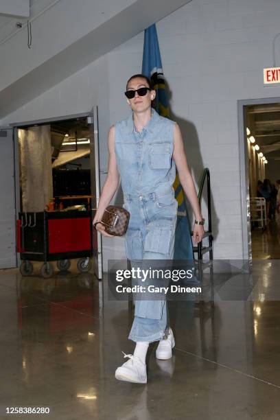 Breanna Stewart of the New York Liberty arrives to the arena before the game against the Chicago Sky on June 2, 2023 at the Wintrust Arena in...