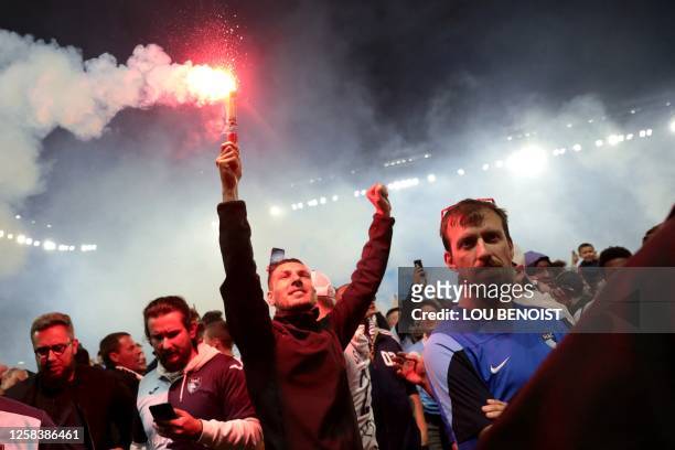 Le Havre's supporters celebrate their French L2 championship after the football match between Le Havre AC and Dijon FCO at Oceane Stadium in Le Havre...