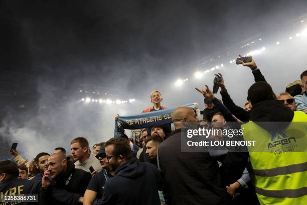 Le Havre's supporters celebrate their French L2 championship after the football match between Le Havre AC and Dijon FCO at Oceane Stadium in Le Havre...